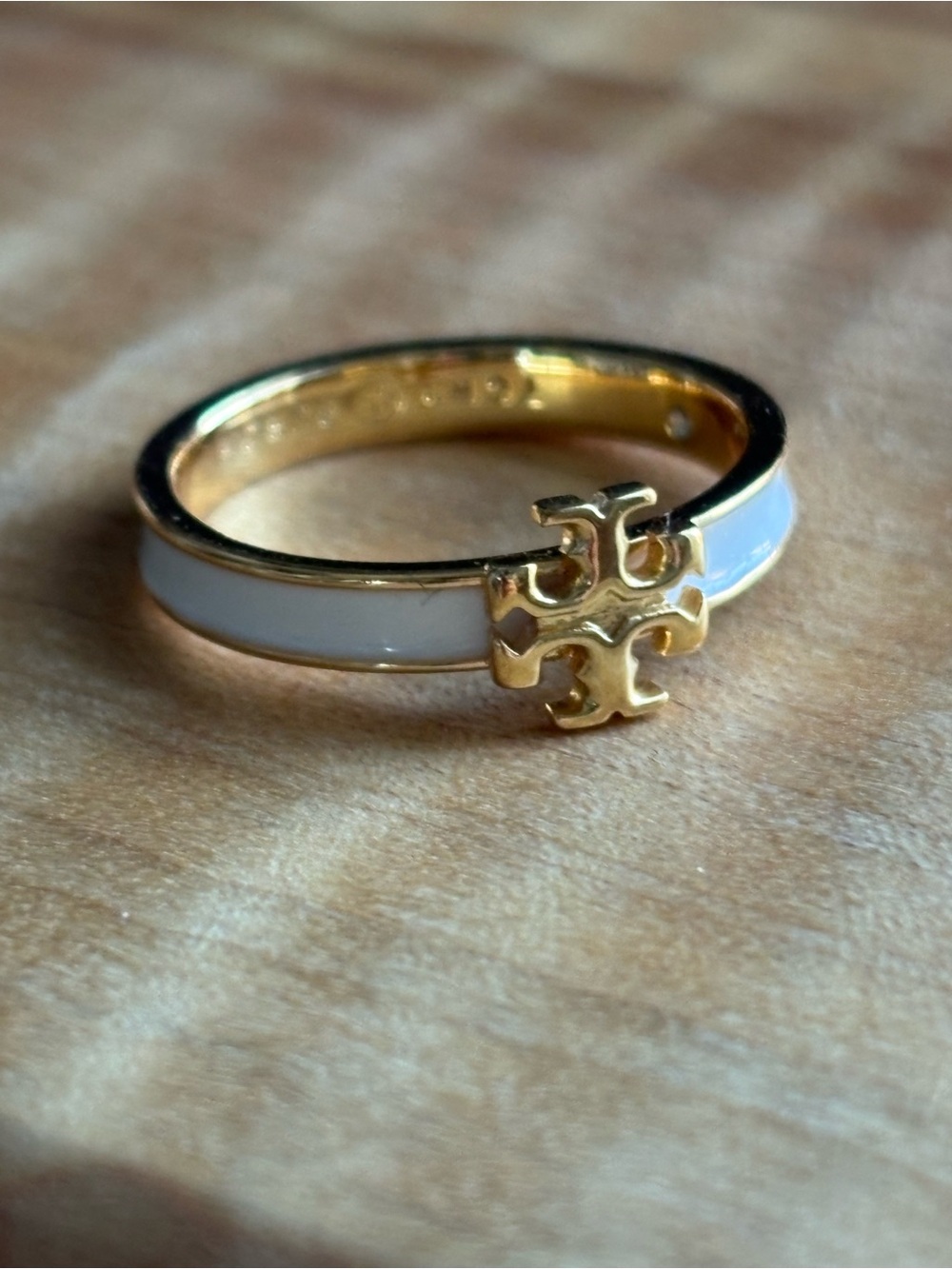 Tory Burch Gold Logo Band Ring with White Enamel size 7